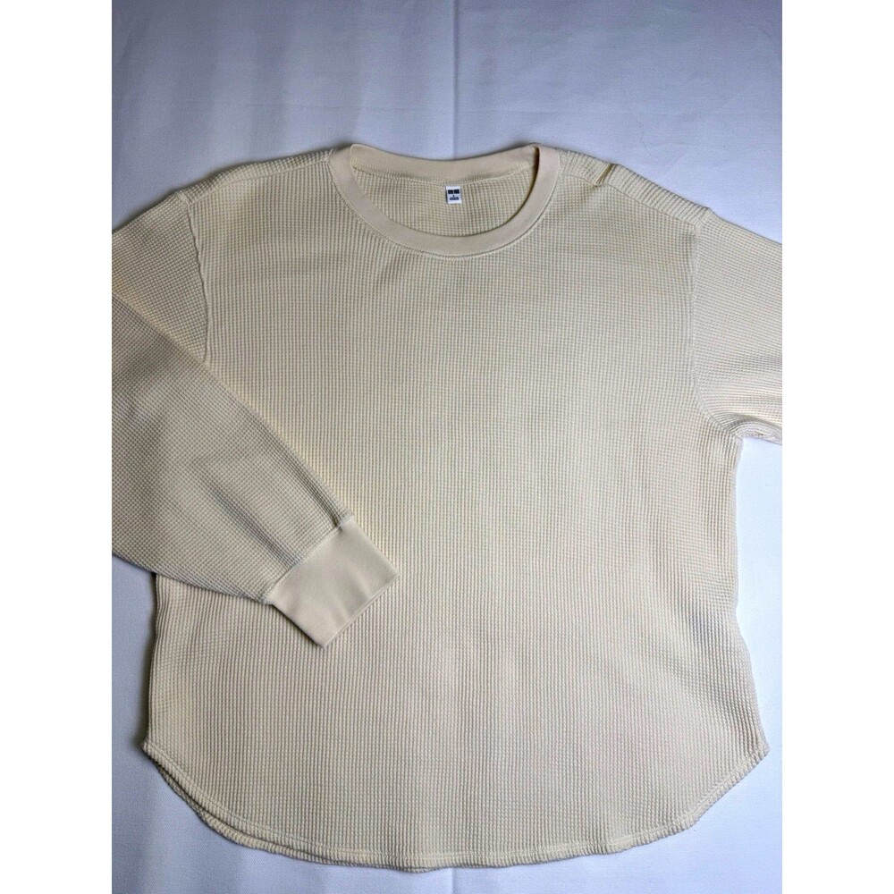 Uniqlo Beige Solid Crew Neck Long Sleeve Waffle Knit Pullover Sweater L